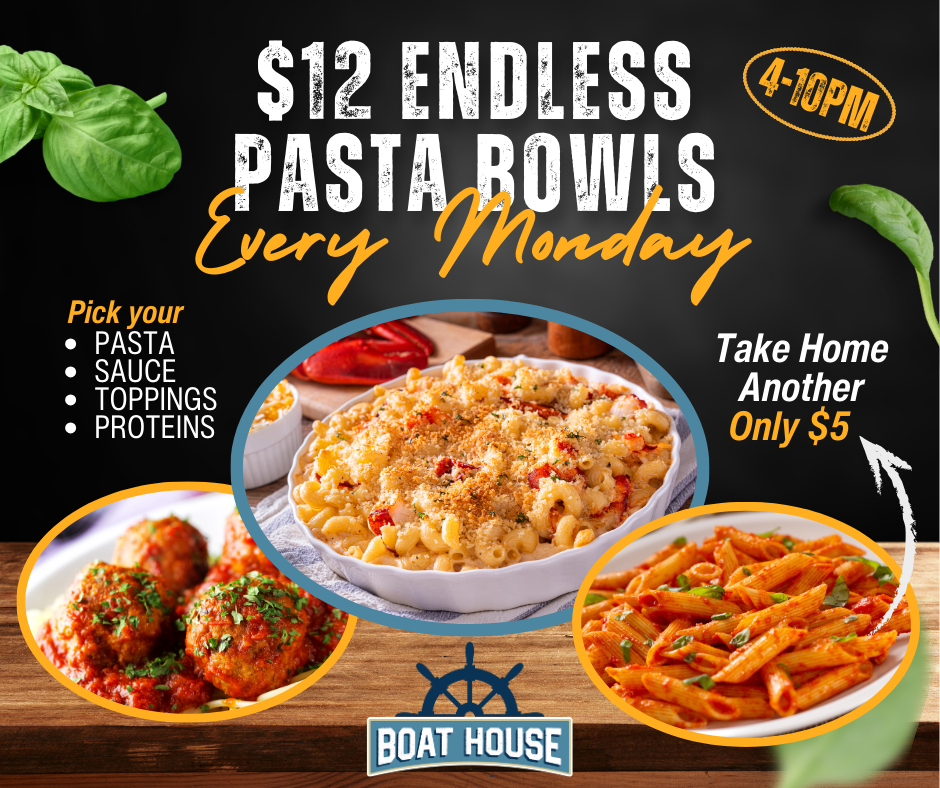 Endless pasta bowls for $12 every Monday! Choose your pasta, sauce, toppings, and protein. Take another bowl home for just $5