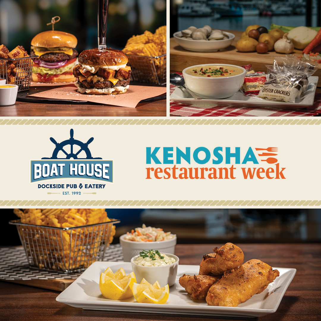 Burgers, Fish Fry and Soup from the Boat House with Kenosha Restaurant Week Logo
